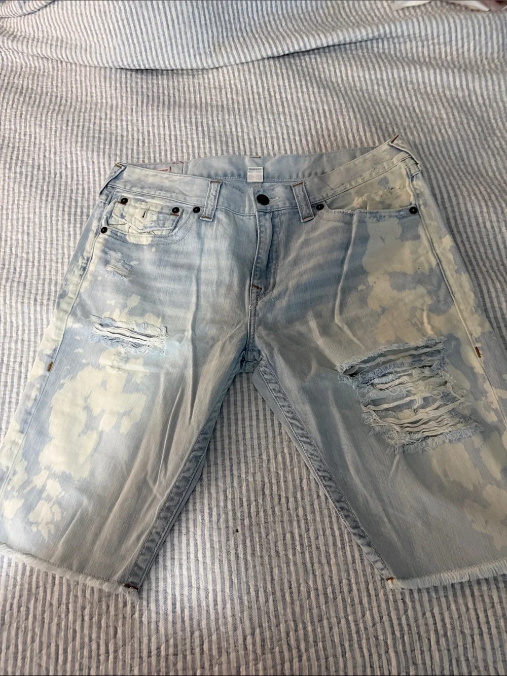 True Religion Light Blue Distressed Bleach-Effect Denim Shorts